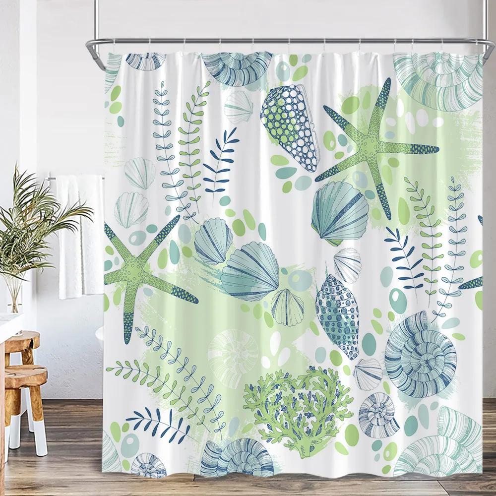 Nautical Cartoon Shower Curtain Tropical Fish Starfish Shell Seaweed Coral Underwater Bathroom Decoration Polyester Bath Curtain