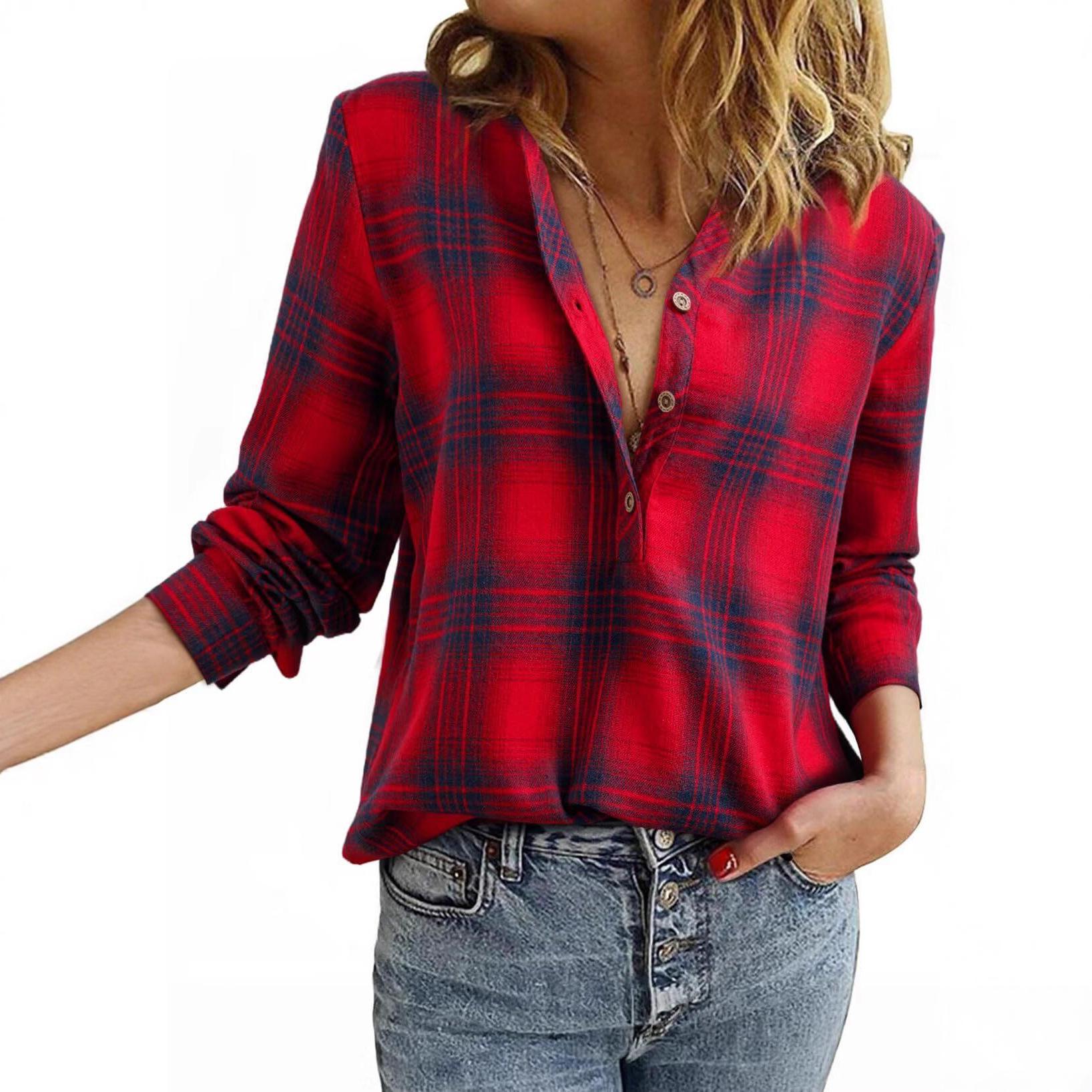 

Women s Long Sleeve Plaid Shirt, Button Down Casual Top, Multi-Color Checkered Shirt XXL красный
