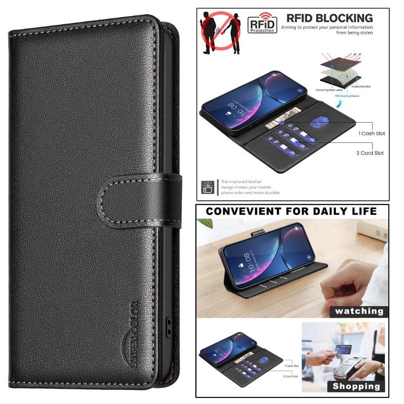 Rfid Small Lychee Pattern Leather Phone Case With Card Holder Stand For Apple Iphone