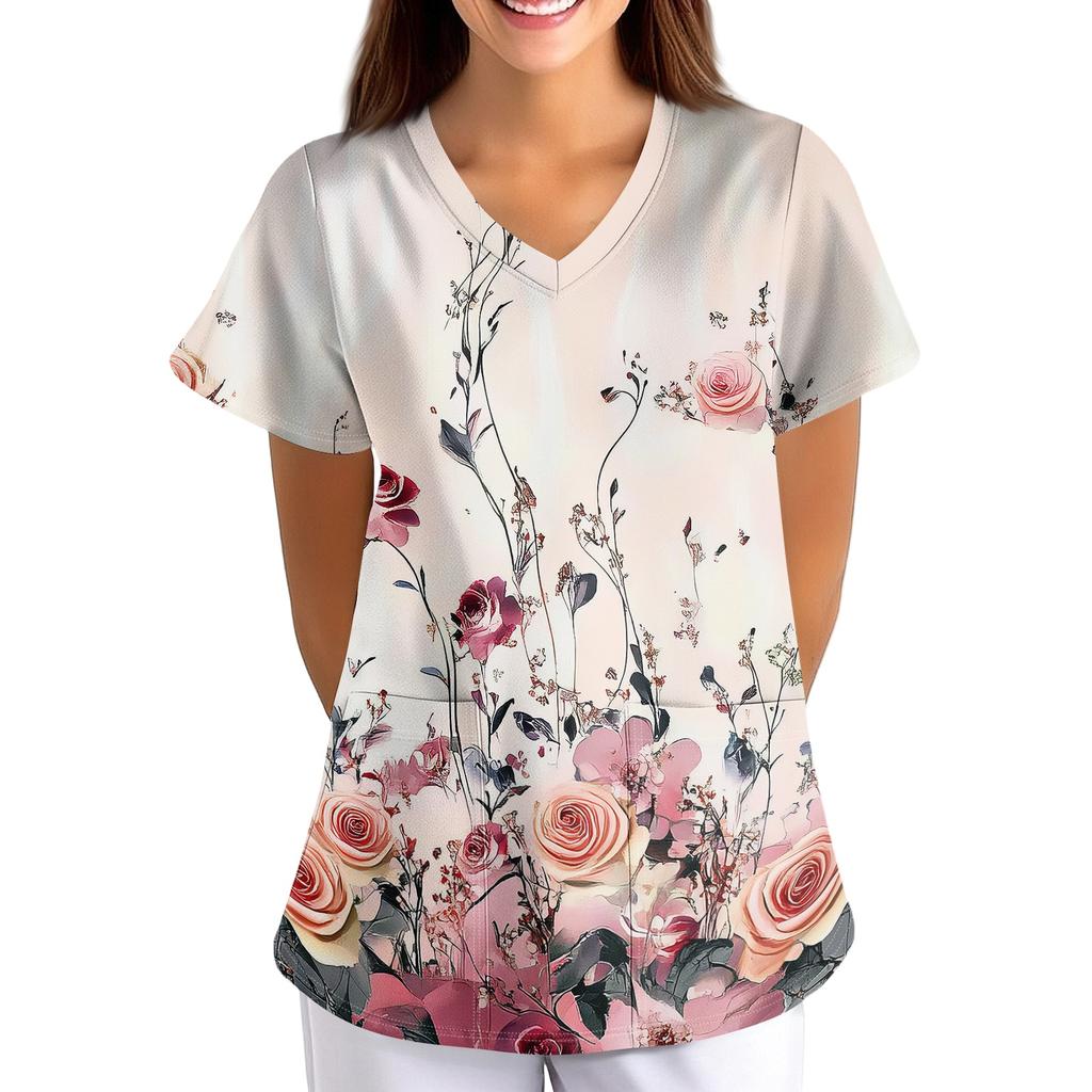 Loose Fit V Neck Short Sleeve Medical Scrub Top with Pockets for Nurses Caregivers Floral Print Comfortable Workwear