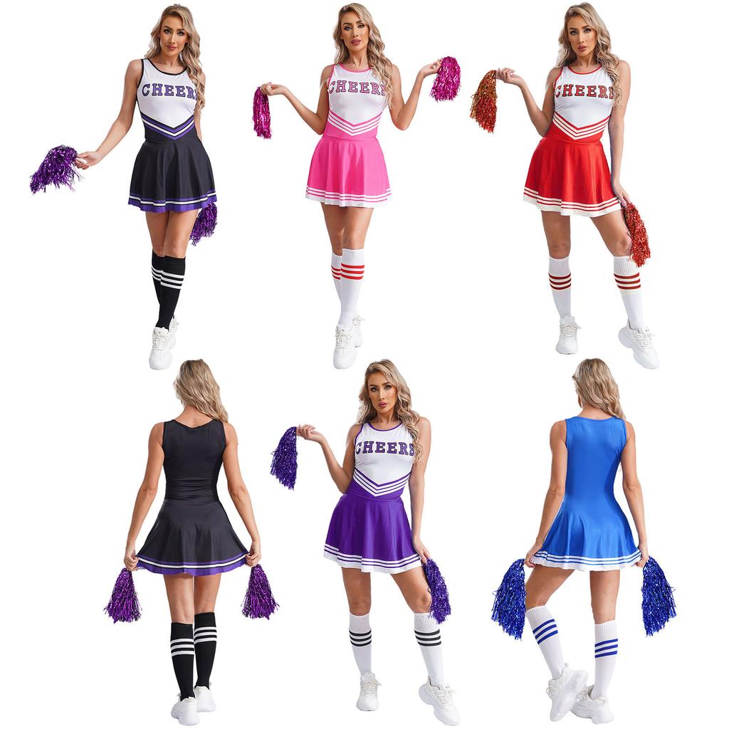 Damen ärmelloses Kleid mit Buchstabenaufdruck Cheerleading-Kostüm mit Socken Blume