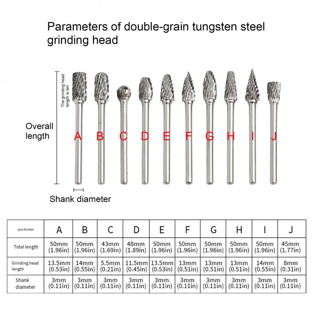 Heavy Duty DIY Grinding Head Set 10 Piece Carbide Steel DoubleCut Tools