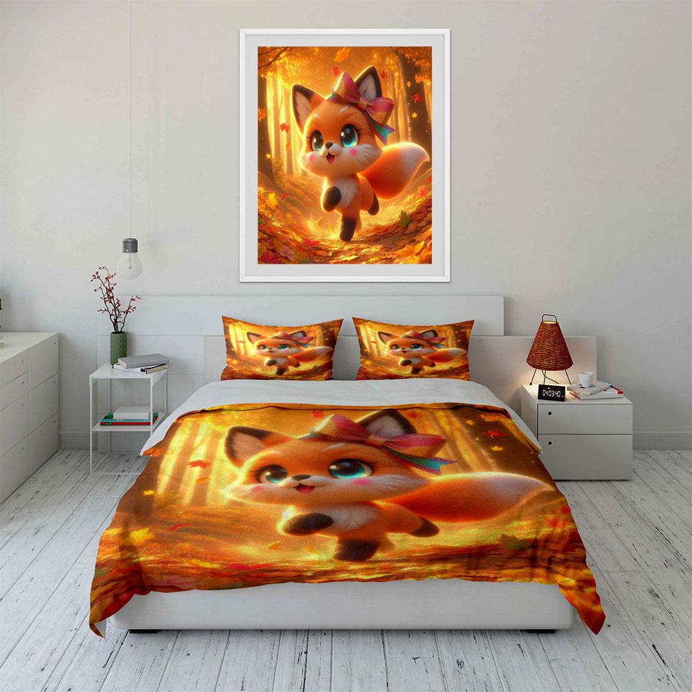 Playful Fox In Autumn Forest Duvet Cover Set With 3D Printing Design Soft Polyester Bedding Set All-Season Comfort For Gifts