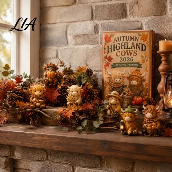 Farmhouse Style Seasonal Decor Christmas Highland Cow Advent Calendar, 24 Cute 3D Collectible Mini Thanksgiving Keepsake Gifts Figures, Holiday
