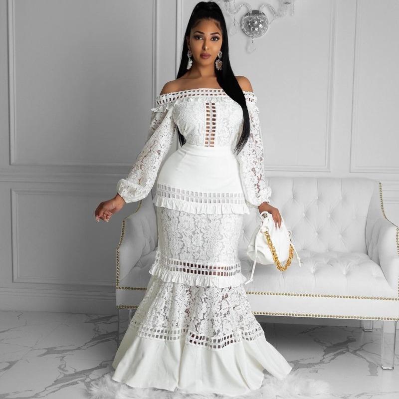 Frühling und Sommer neues Damen-Spitzenkleid One-Shoulder-Kleid mit Lotusblatt-Kragen Hochzeitskleid Abendkleid Bankettkleid