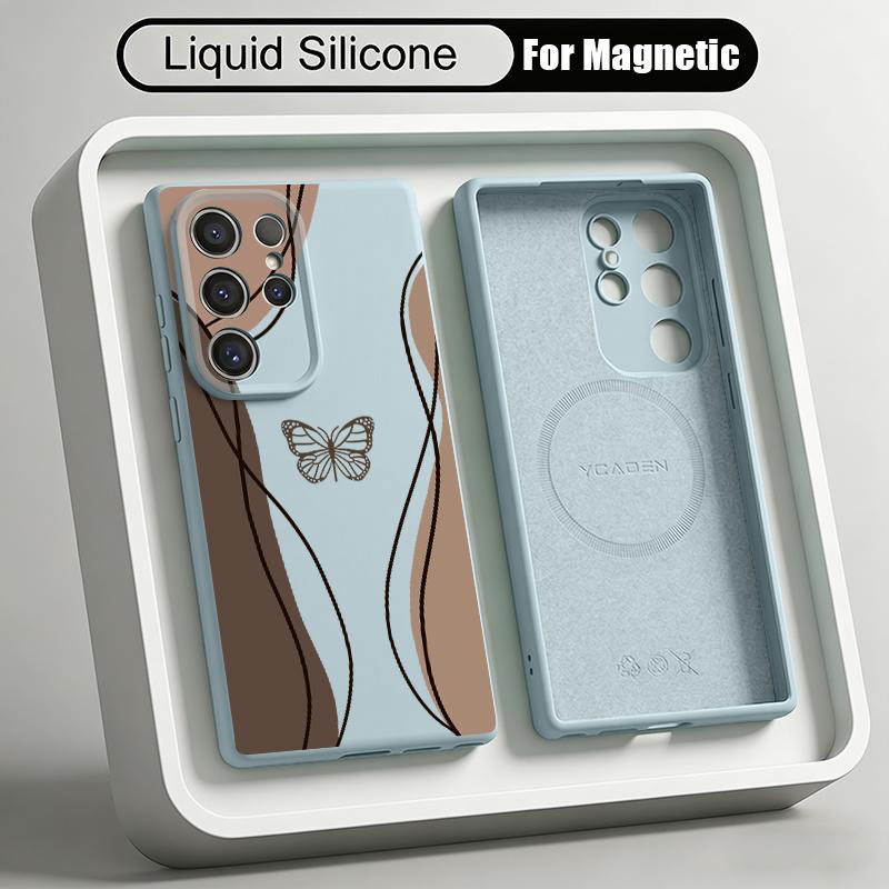 Luxury Butterfly Print Case For Samsung Galaxy S26 S25 Ultra S24 Plus S23 S22 Ultra Magnetic For Magsafe Liquid Silicone Cover