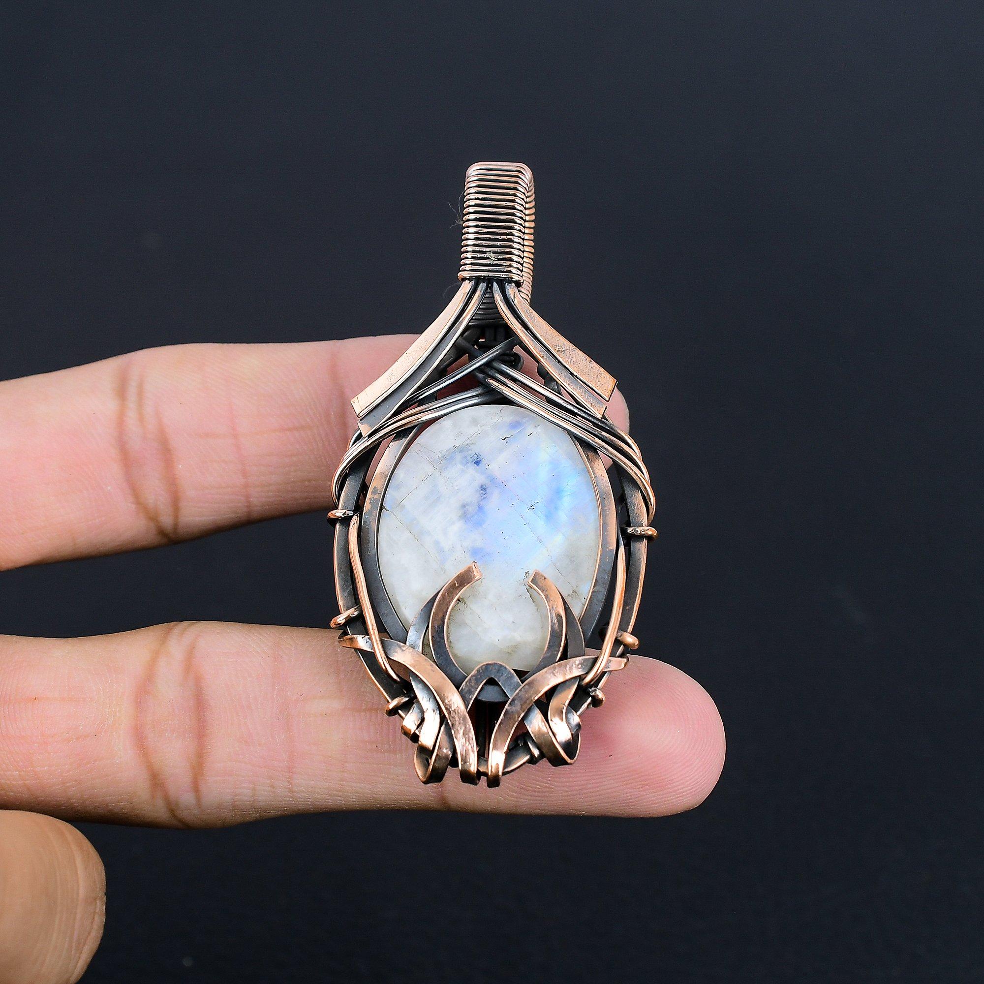 

Подвеска из радужного лунного камня, ювелирное изделие из драгоценного камня, подвеска, обернутая медной проволокой 999 пробы, красивая подвеска ручной работы 2.55 Inches