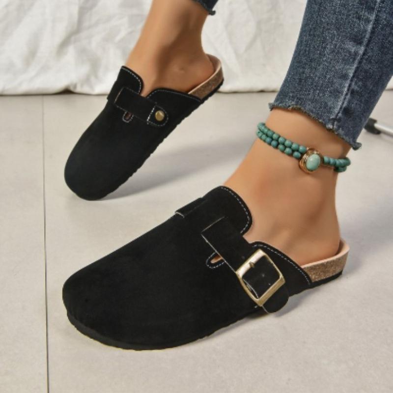 Fashion Gold Woven Buckle Clogs for Women 2026 Summer Closed Toe Cork Sole Mule Shoes Woman Non-slip Flat Heels Half Slippers