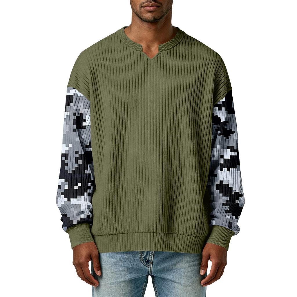 Men's Camouflage Stylish V-Neck Ribbed Textured Long-Sleeve T-Shirt