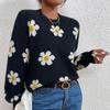 Höst Vinter Rundhals Stickad Pullover Tröja Dam Mode Söt Långärmad Lös Tröjor Dam Krysantemumtryck Varma Stickade Toppar 24638