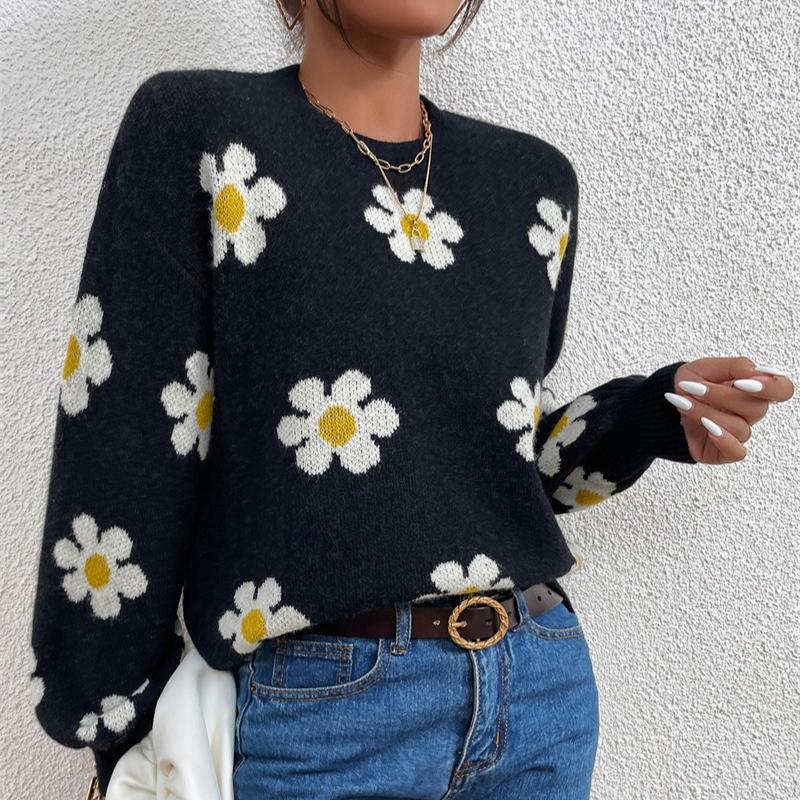Höst Vinter Rundhals Stickad Pullover Tröja Dam Mode Söt Långärmad Lös Tröjor Dam Krysantemumtryck Varma Stickade Toppar 24638
