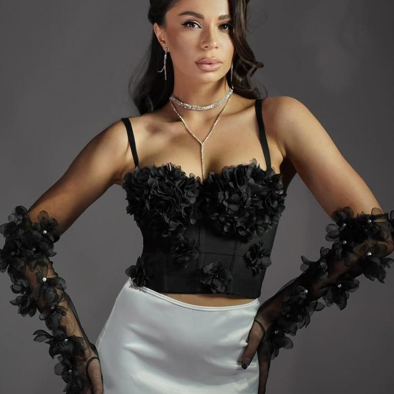 

Lace Mesh Fish Bone Suspender Short Style with Chest Pad Flower Vest Outside Wearing Base-wrapped Breast French Beaded Top S чорний