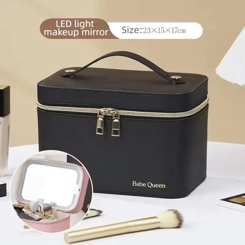 Travel PU Makeup Bag With Led Mirror Portable Cosmetic Case With Mirror And Light Travel Rechargeable Makeup Bag With Led Light