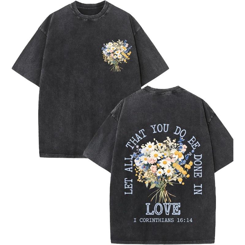 

Vintage Washed Spring Floral TShirt Letter Graphic Crew Neck Casual ShortSleeve Boho Flower Bouquet Art Shirt for Men Women S