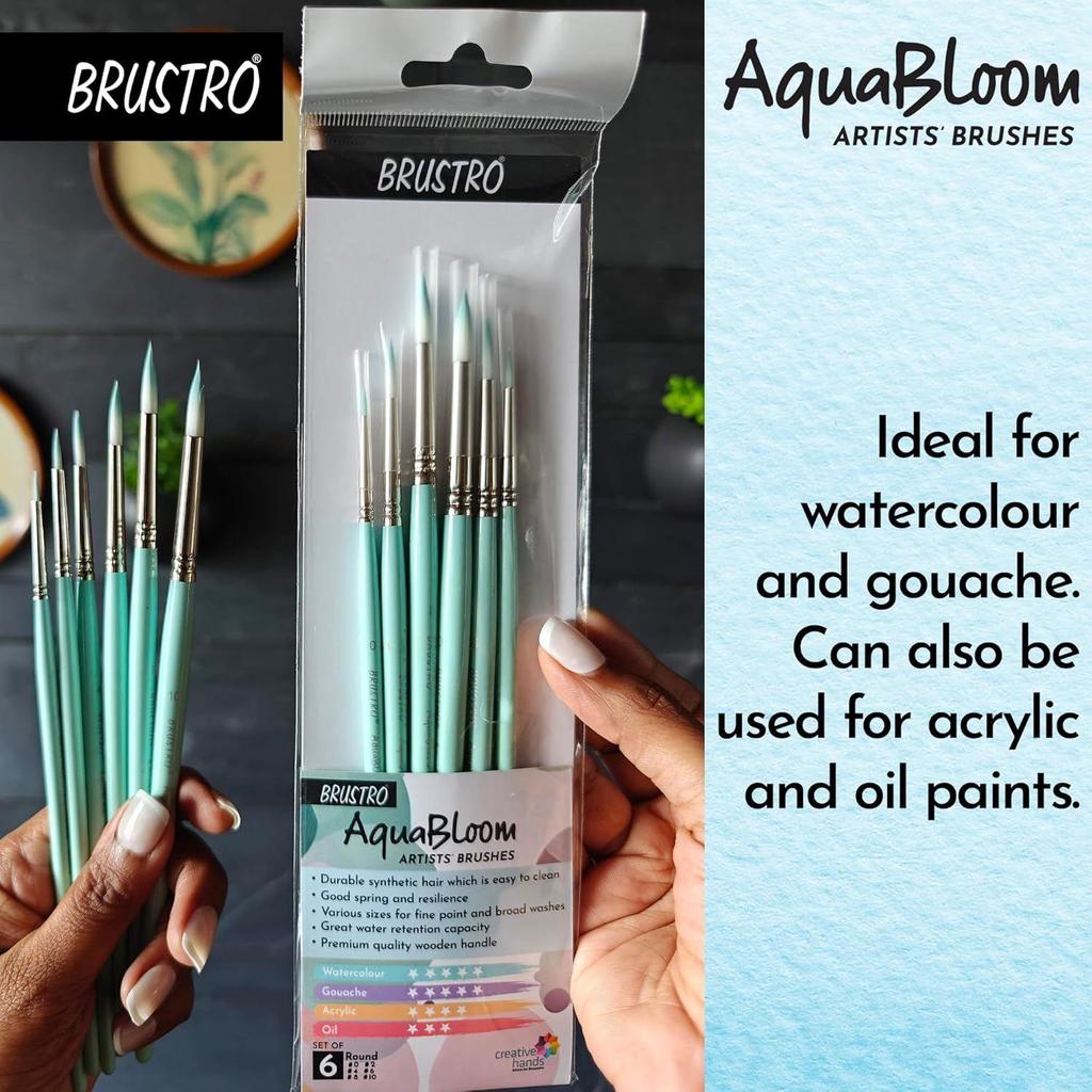Sett med 6 - Størrelser (0, 2, 4, 6, 8, 10) | Treskaft, Komfortabelt grep, Syntetiske børster, Ideell for akvarell, gouache, maling