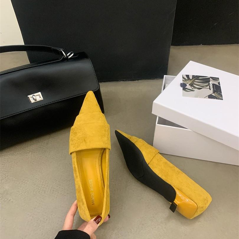 French temperament socialite yellow suede single shoes women's shoes 2025 new spring, autumn and winter pointed thin heel low heel shoes