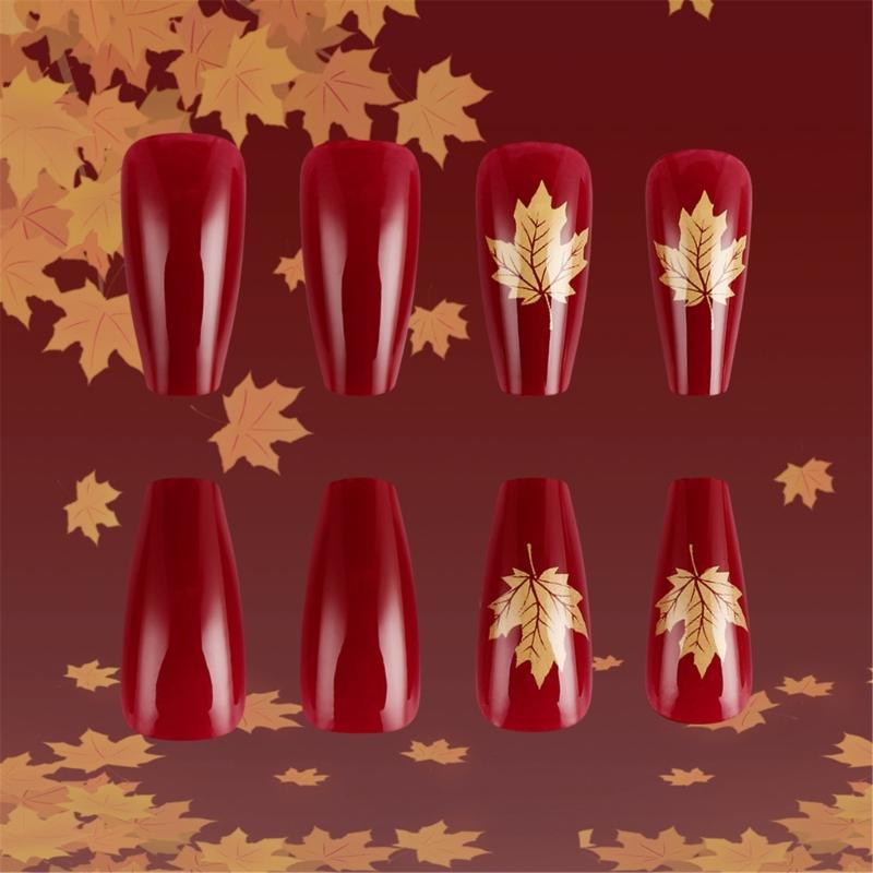 24Pcs Fall Press on Nails Short Square Stick on Nails Golden Maple Leaf Full Cover Artificial Thanksgiving False Nails