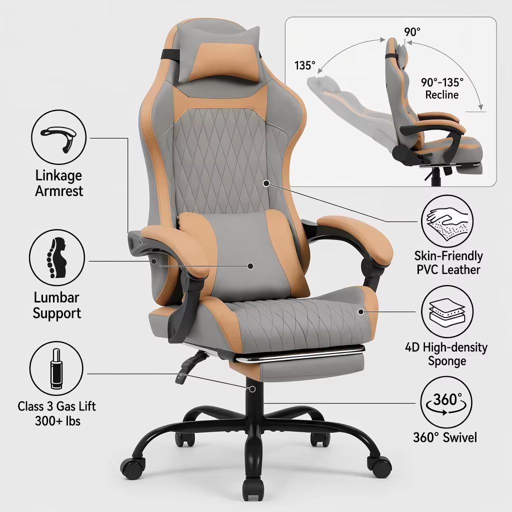 Ergonomic Gaming & Office Chair, Breathable Protein Leather, Footrest, Steel Base & Casters, 360 degrees Desk Chair for Home Office & Gaming