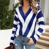 Damenmode V-Ausschnitt Lochmusterpullover Damen Gestreifte Stricktops