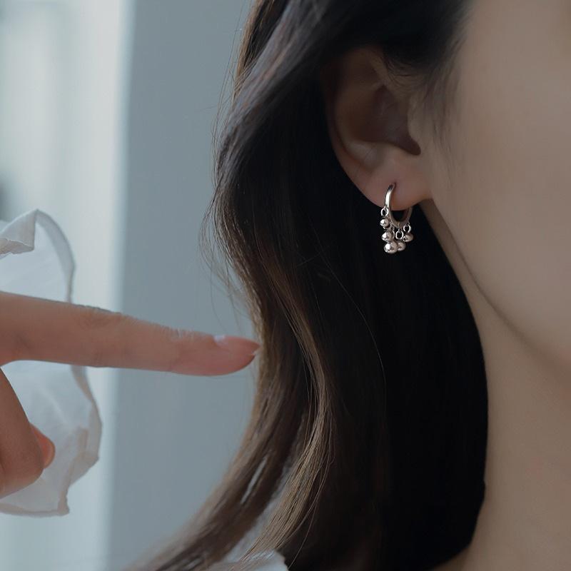 Real 925 Silver Bead Tassel Hoop Earrings For Women Classic Fine Jewelry Light Luxury Geometric Accessories