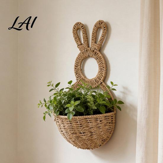 Rustic Rabbit Wall Decor Easter Bunny Woven Basket Handmade Hanging Basket Cute Animal Shaped for Dried or Faux Flowers Plants Farmhouse Home