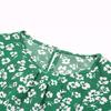 Women Summer Green Floral Print Pleated Dress Short Sleeve O Neck Lace Up