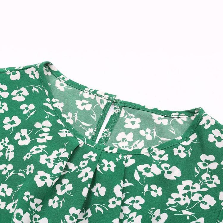 Women Summer Green Floral Print Pleated Dress Short Sleeve O Neck Lace Up