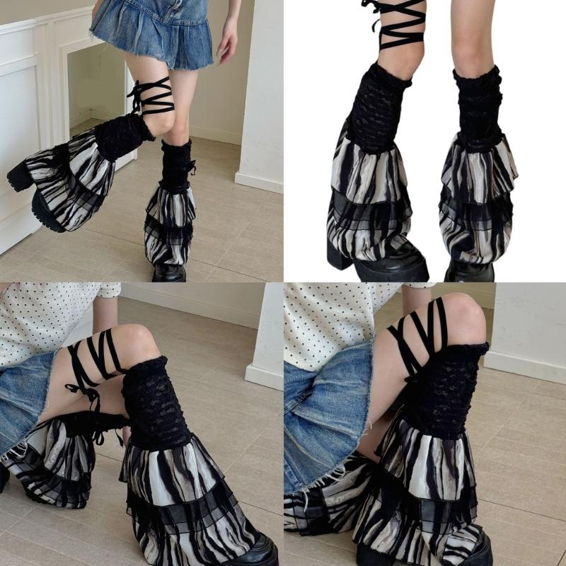 Women Ruffle Lace Leg Warmer Sweet Knee Highs Socks Mesh Flared Leg Socks Princess Leg Sleeves Halloween Costumes