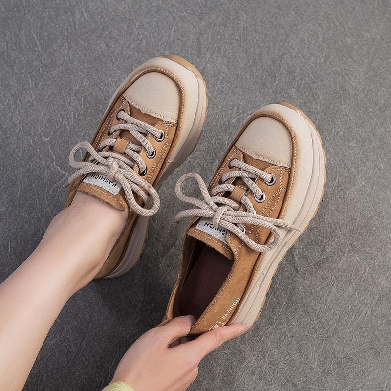 Fashion GKTINOO Genuine Leather Sneakers Thick Soled Casual Women's Shoes 2025 Autumn New Round Toe Lace-up Flat Platform Shoes