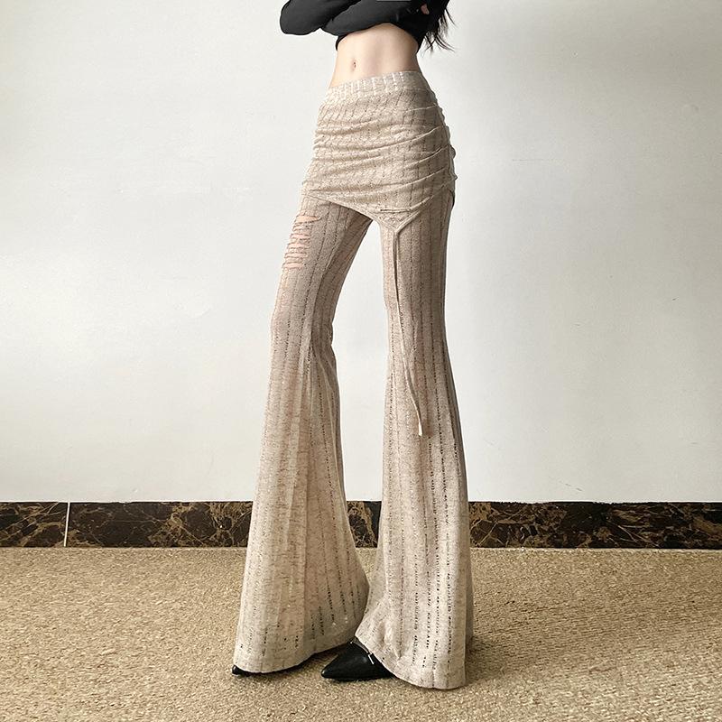 Autumn New Women's Solid Color Slim Street Fashion High Waist Casual Ripped Flared Pants