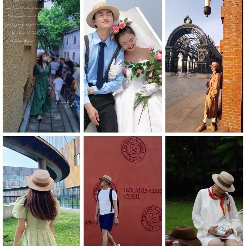 New Hat Women's Spring and Summer Flat Top Top Hat Adjustable French British Sunshade Sunscreen Travel Versatile Seaside