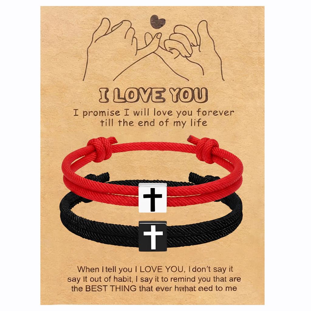 Hand-woven Black and White Cross Milanese Adjustable Bracelets – A Pair of Matching Couple’s Bracelets