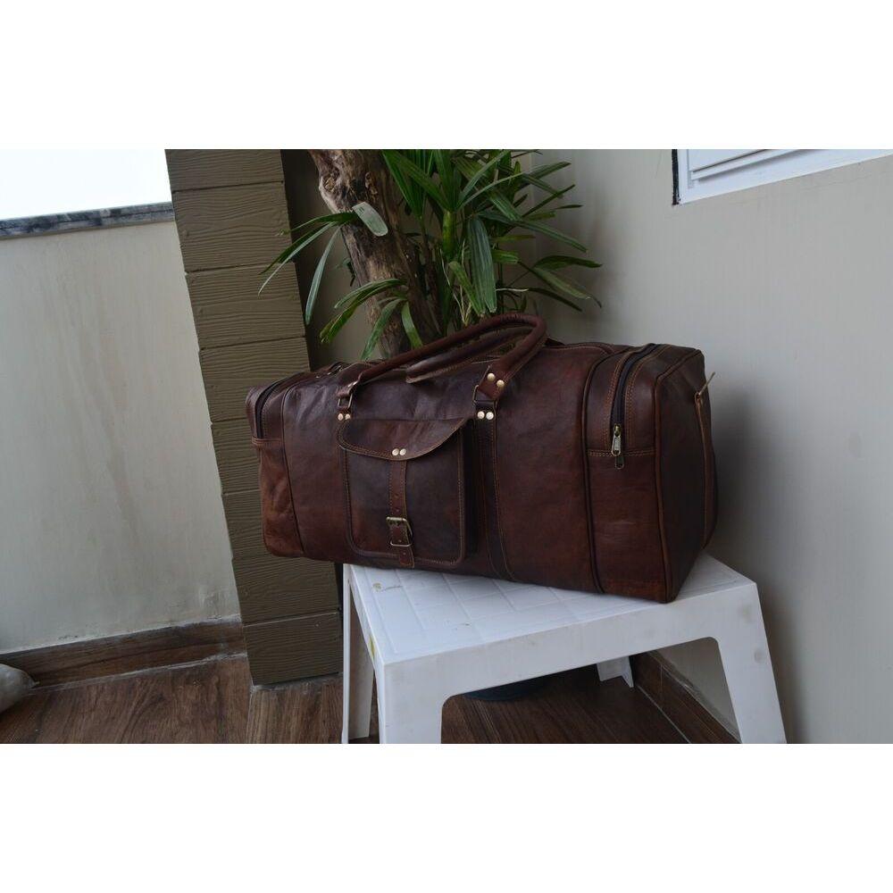 Vintage Genuine Bag Goat Leather Gym Travel Luggage Duffle Weekend Overnight