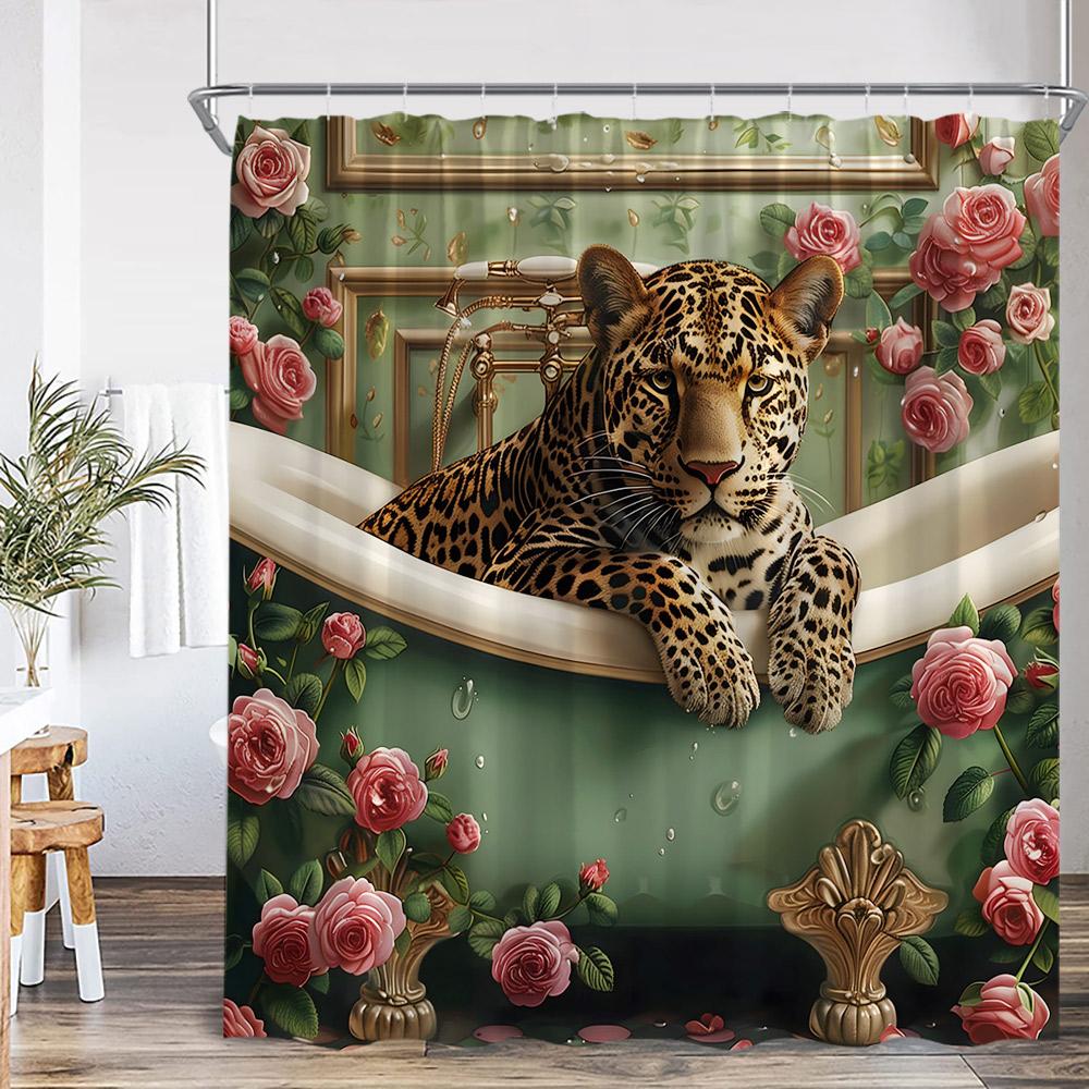 Bathing Leopard Shower Curtain Wild Animal Lion Panther in Bathtub Floral Bathroom Decor Modern Elegant Polyester Bath Curtain