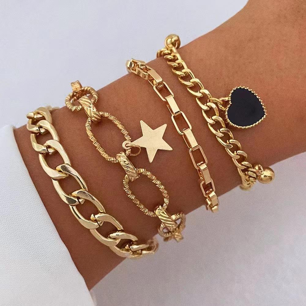 High quality 2026 black love star four-piece set jewelry, personalized simple multi-layer gold hollow chain bracelet