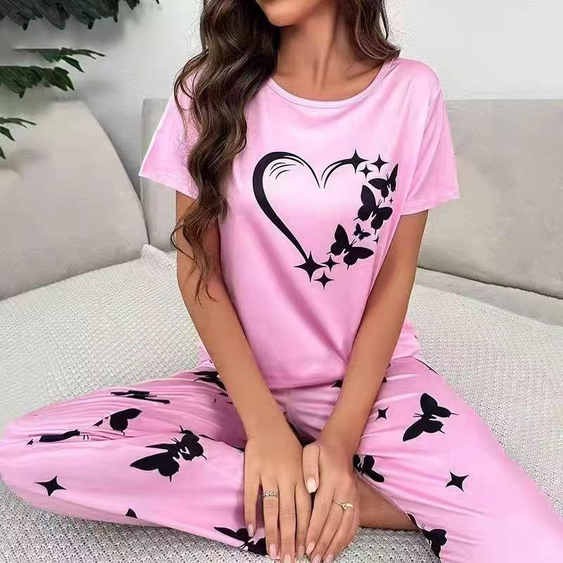 

Женский домашний костюм с принтом в виде сердца, пижамный комплект, мягкий, удобный, с круглым вырезом, топы и штаны, пижама, женская одежда для сна на все сезоны XL розовый