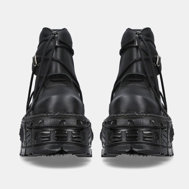 Women's Punk Style Leather Shoes Lace-up Heel Height Platform Female Gothic Ankle Boots PU Metal Decor Thick Bottom Sneakers