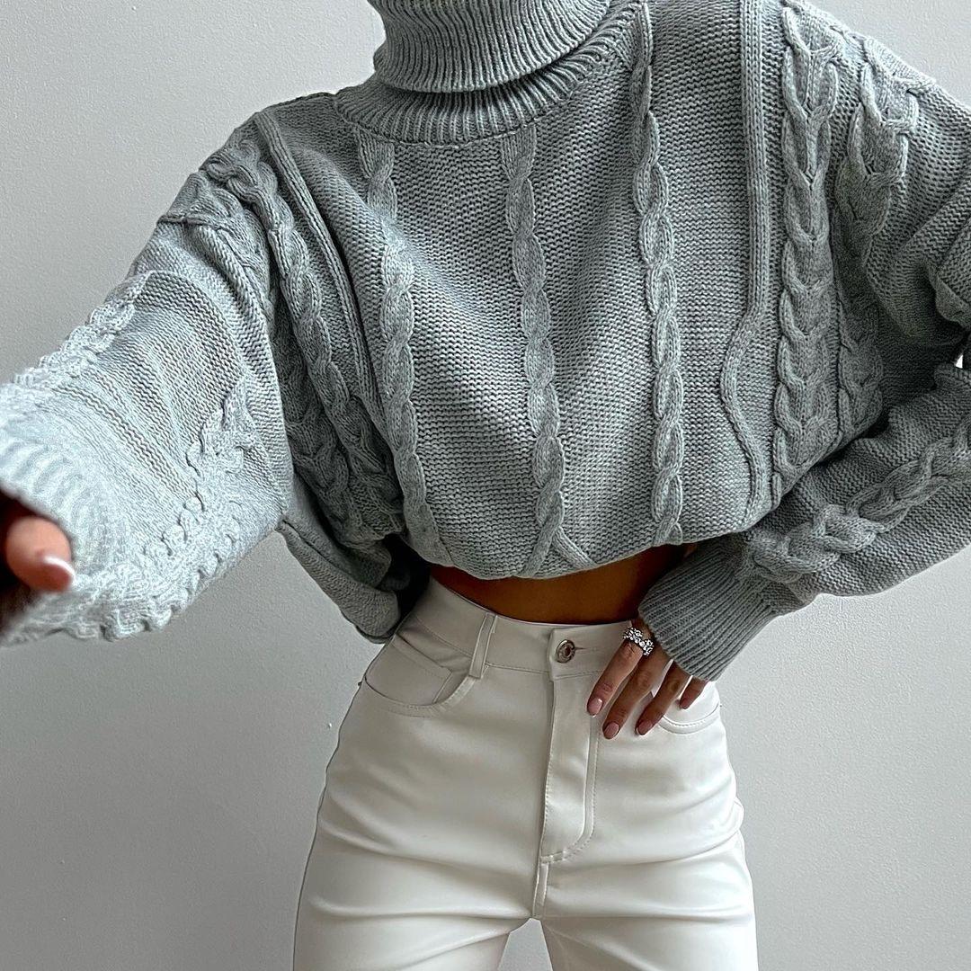 BITCED осенне-зимний повседневный жаккардовый свитер с длинными рукавами и высоким воротником, трикотаж S серый