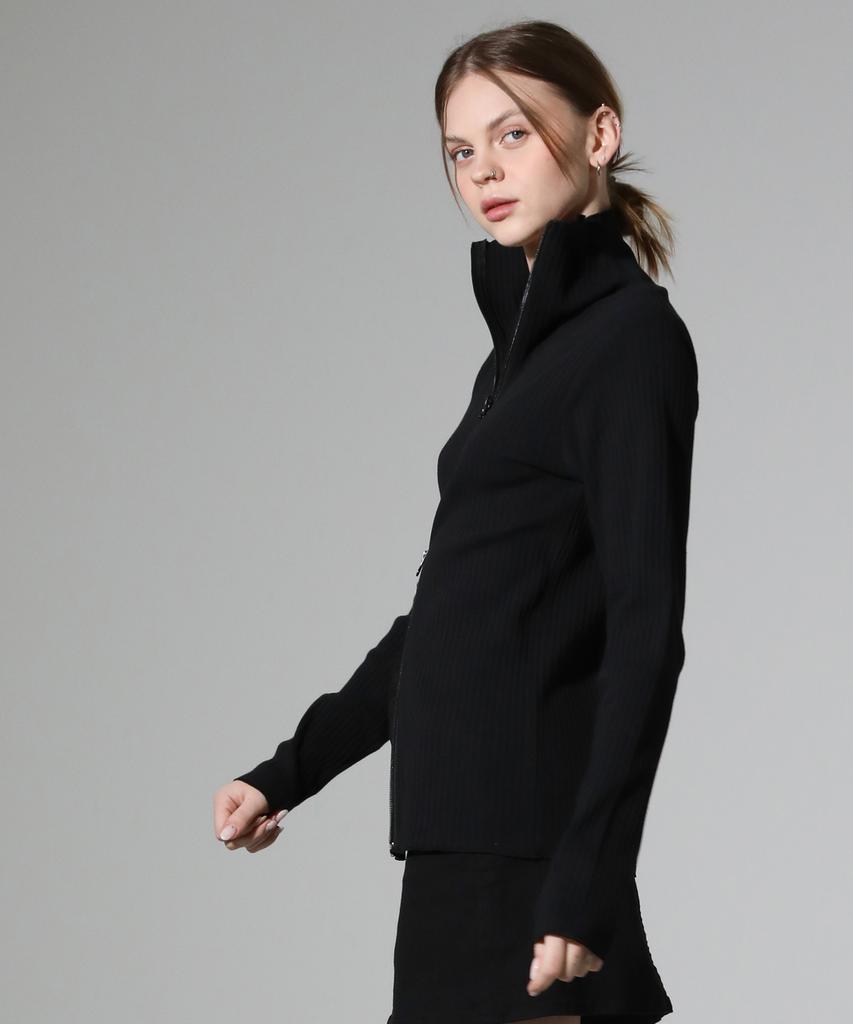 REEMNIK High-Neck Two-Way Zip-Up Ribbed Knit Top [Black]