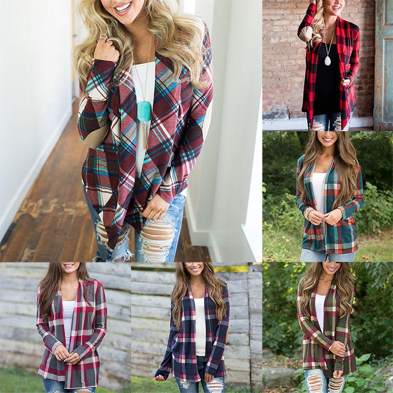 Cozy Women Plaids Cardigan T-shirt With Stylish Lapel Collar For Casual Wear