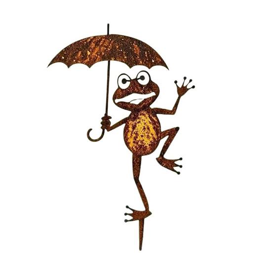 Rusty Frog Garden Cute Stake Umbrella Yard Frog Holding Art Stake Iron