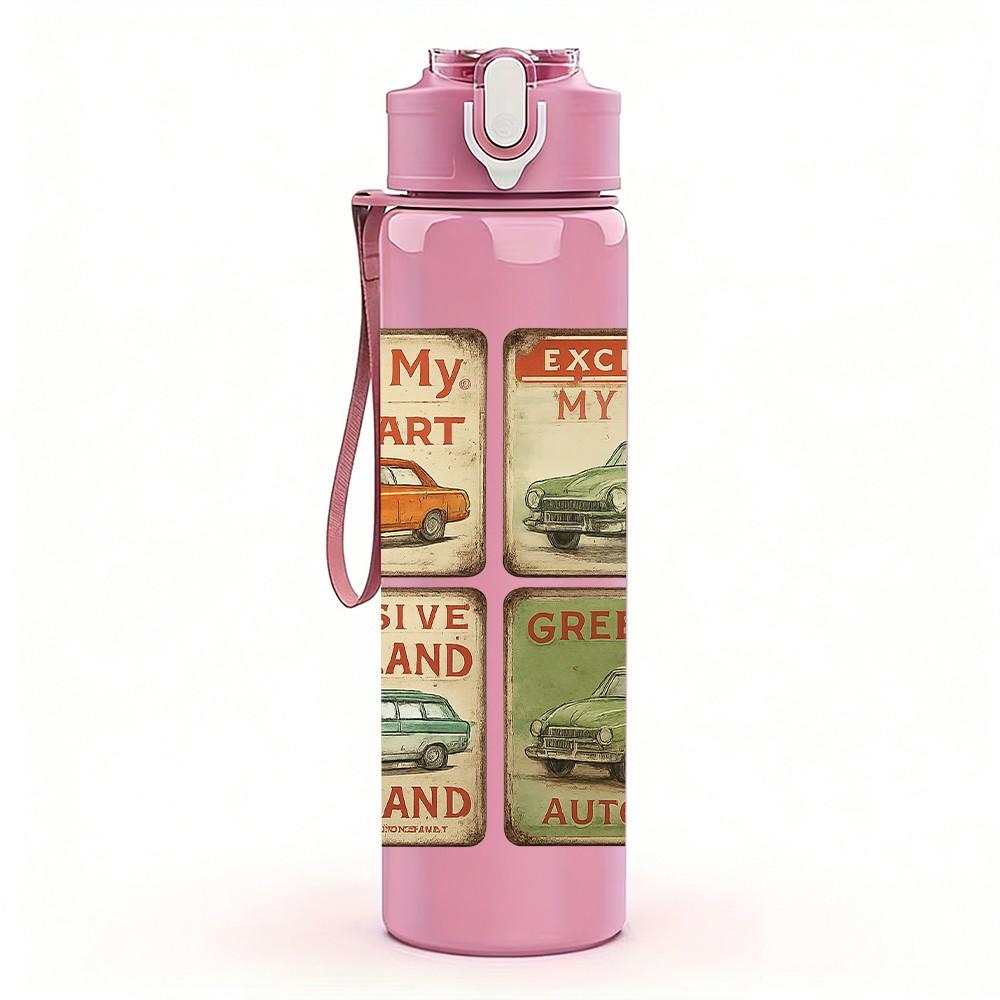 1PC Vintage Truck Sign Collage Print 750ml Color Plastic Sports Water Bottle Leakproof Flip Straw Lid For Sports Office Home Use