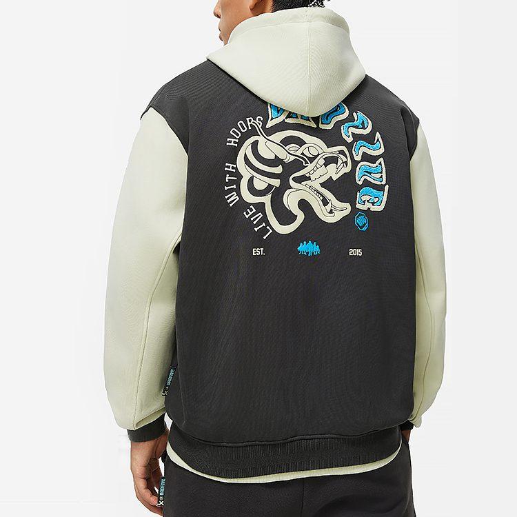 Li Ning Basketball Collection, Letter Print Baseball Collar Fleece Lined Jacket Men's Obsidian Gray AJDU007-5