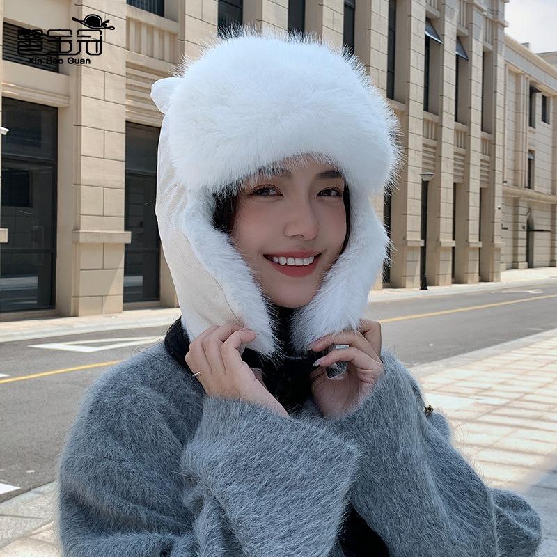 Winter plush warm pullover hat outdoor cycling skiing cold ear protection cute cat ear hat female
