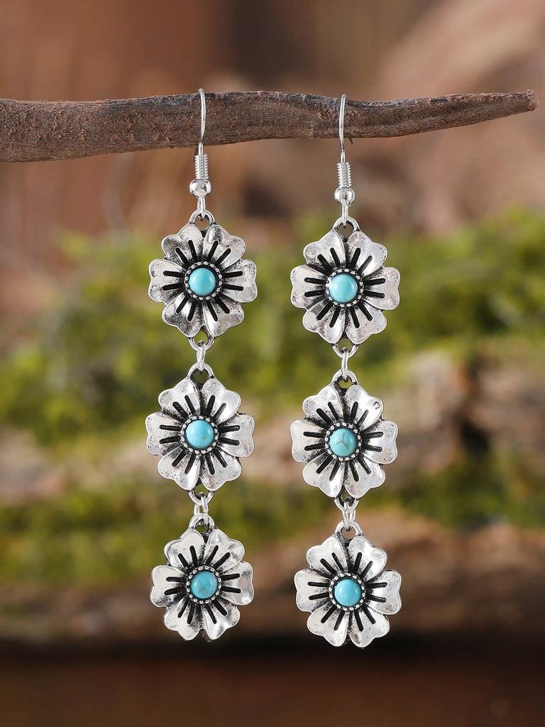 1 Pair Boho Flower Pendant Earrings with Turquoise Stone,Tassel Decor, Women’s Western Vintage Style Wedding Bohemia Jewelry Gift