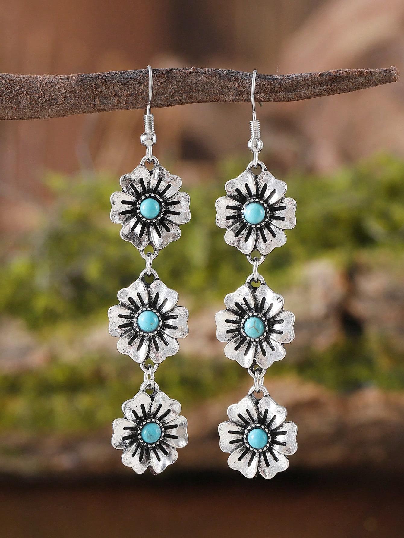 

1 пара бохо серег-подвесок с цветами и бирюзовым камнем, с кисточками, женские свадебные богемные украшения в западном винтажном стиле в подарок