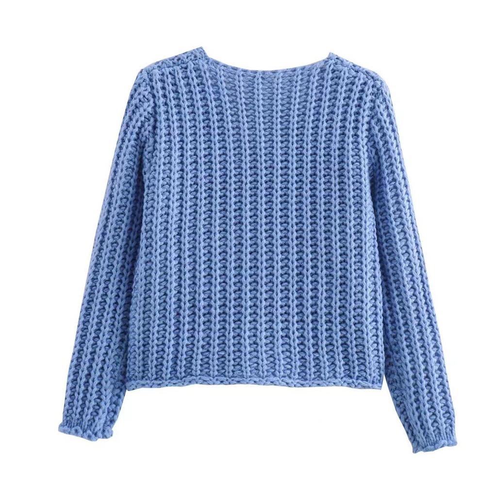 Women's Solid Color Single Breasted Double Pocket Cropped Chunky Knit Cardigan Jacket Sweater