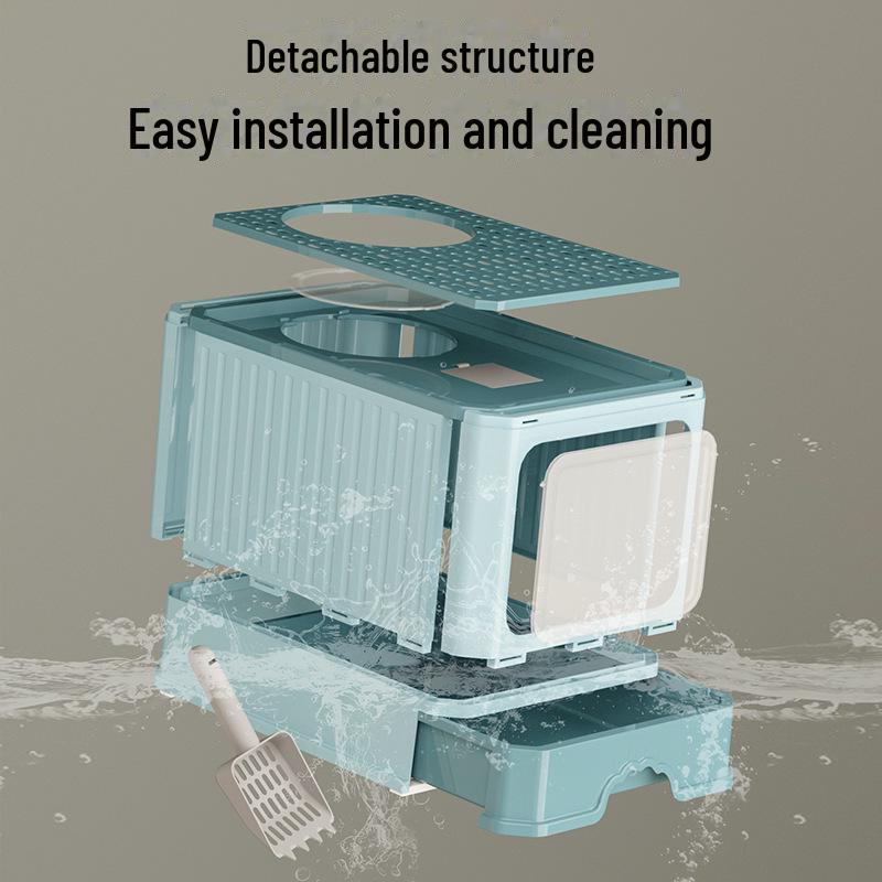 Fully Enclosed Oversized Drawer-Type Folding Cat Litter Box with Top-Entry