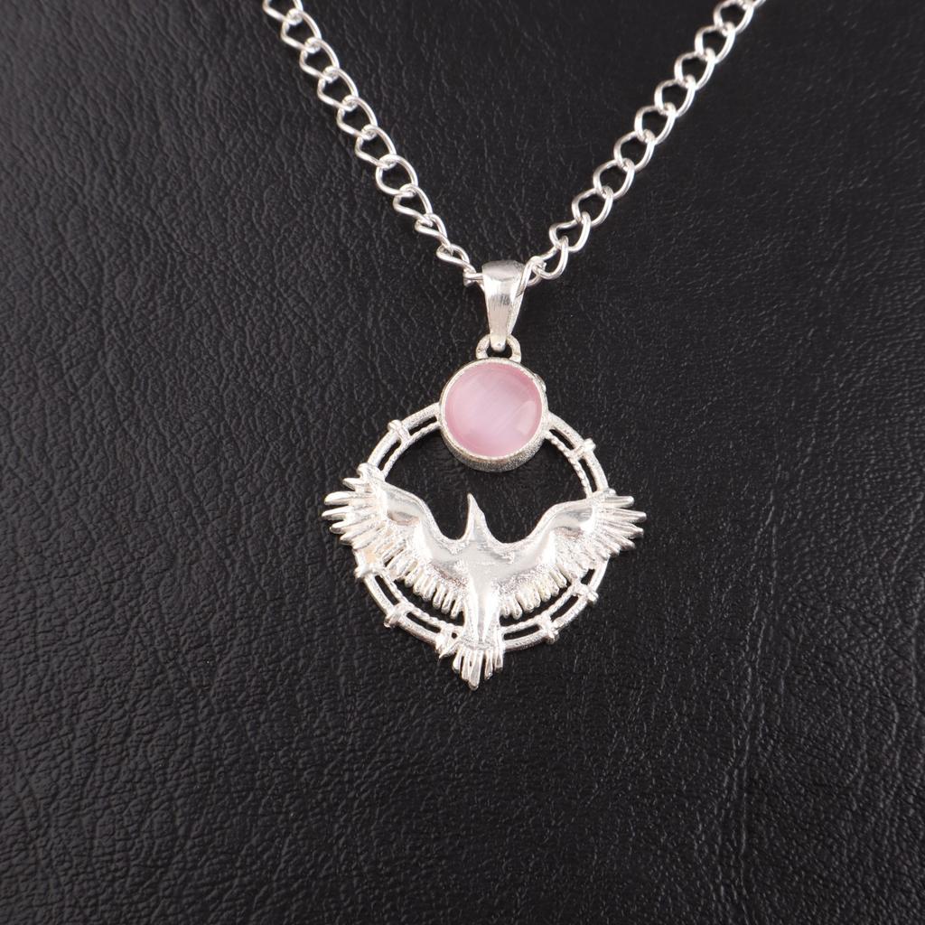 Rare Pink Cat's Eye Gemstone 925 Sterling Silver Jewelry Handmade Pendant 1.43" CP-38-48