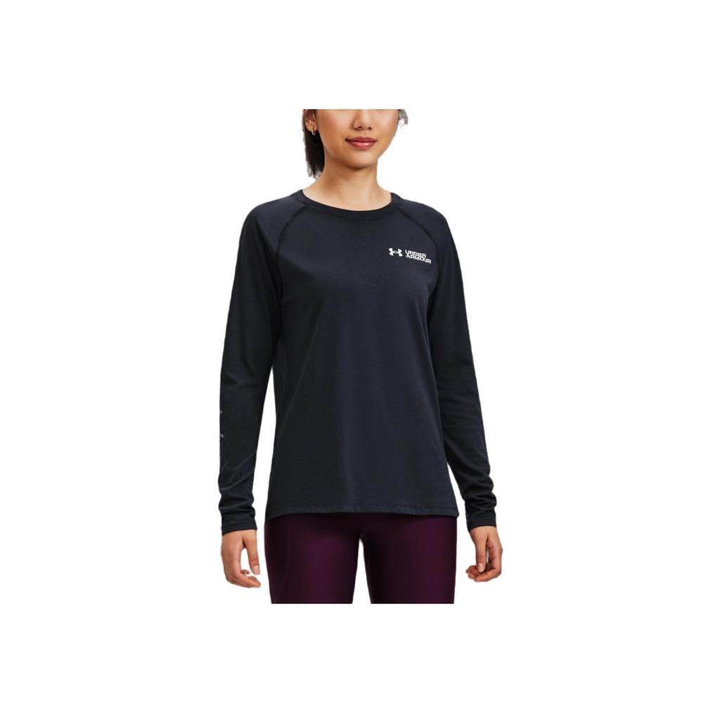 Under Armour FW22 Solid Logo Print Crew Neck Long Sleeve T-Shirt Women Tops Black 1374188-001